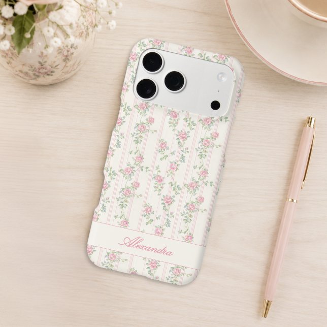 Personalised Vintage Floral Monogram (elegant grandmillennial coquette pink rose floral iphone  17 pro max case with custom monogram name)
