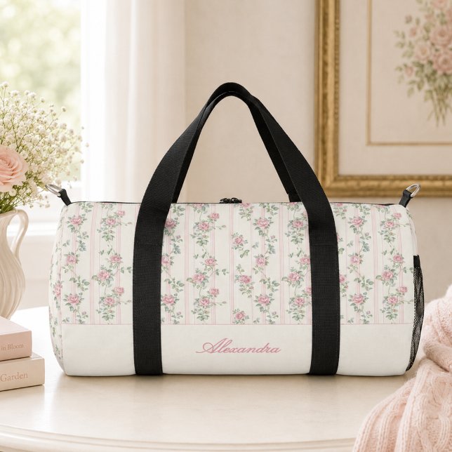 Personalised Vintage Floral Monogram Duffle Bag (elegant grandmillennial coquette blush pink rose floral duffle bag with custom monogram name)