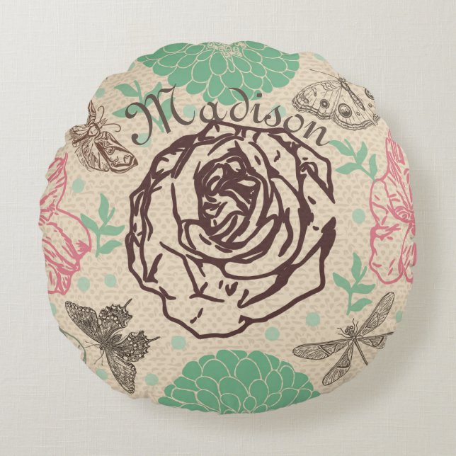 Personalised Vintage Floral Rose Garden Round Cushion (Front)