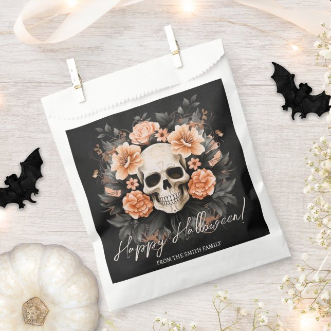 Personalised Vintage Floral Skull Halloween Favour Bag (Easily personalize these Halloween favor bags with just a few clicks.)