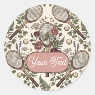 Personalised Vintage Floral Tennis Rackets Classic Round Sticker