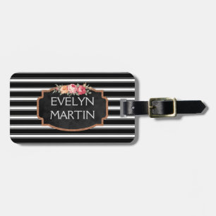 Personalised Vintage Flower   B&W Striped Monogram Luggage Tag