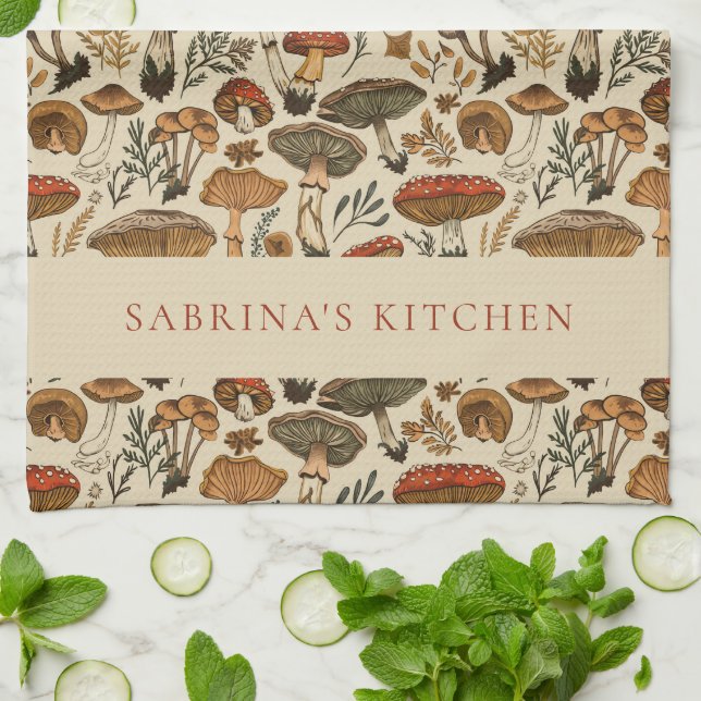 Personalised Vintage Forest Mushroom Pattern  Tea Towel (Folded)