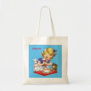 Personalised vintage girl baking a cake tote bag