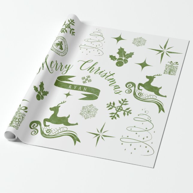Personalised Vintage Green & White Christmas Wrap Wrapping Paper (Unrolled)