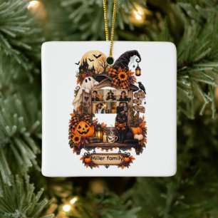 Personalised Vintage Halloween Photo Name Black Ca Ceramic Ornament