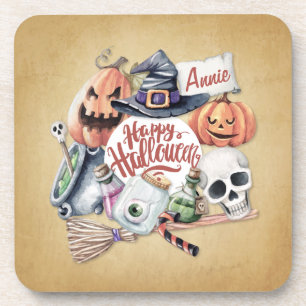 Personalised Vintage Happy Halloween   Coaster