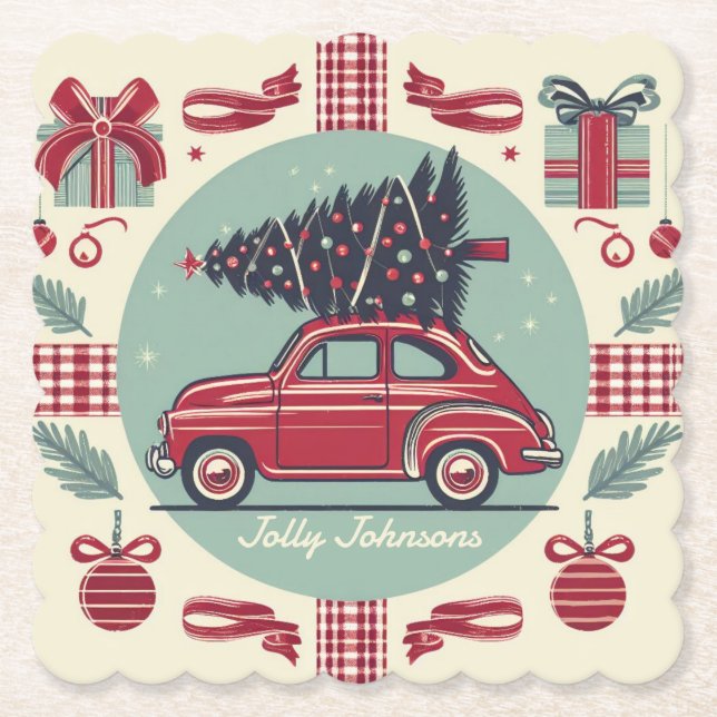 Personalised Vintage Holiday Retro Christmas Car Paper Coaster (Front)