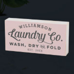 Personalised Vintage Laundry Wash Dry Fold Wooden Box Sign<br><div class="desc">Place this charming and cheeky personalised pink wooden block sign on a shelf in your laundry room and bring a little bit of that vintage farmhouse vibe to your home decor. Use the customise options to create a truly one of a kind for yourself by changing fonts and the background...</div>