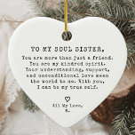 Personalised Vintage Minimal Soul Sister Christmas Ceramic Ornament<br><div class="desc">Celebrate the cherished bond of friendship with the Personalised Vintage Minimal Soul Sister Christmas Ceramic Ornament. Featuring a classic vintage design and crafted in the shape of a heart, this elegant ornament is the perfect way to express your love and appreciation for your best friend. The personalised message adds a...</div>