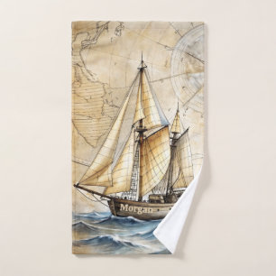 Personalised Vintage Nautical Ship w/ Antique Map Bath Towel Set