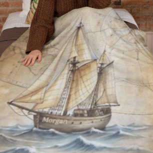 Personalised Vintage Nautical Ship w/ Antique Map Fleece Blanket