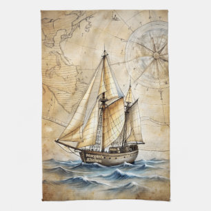 Personalised Vintage Nautical Ship w/ Antique Map Tea Towel