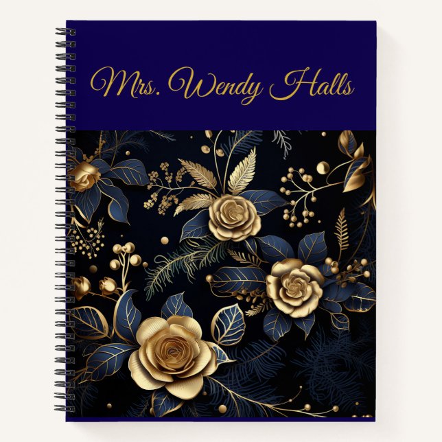 Personalised Vintage Navy Blue and Gold Christmas  Notebook (Front)