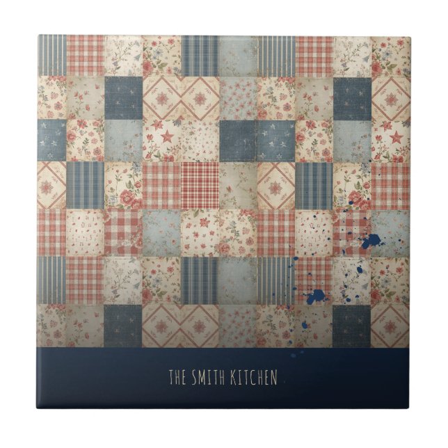 Personalised Vintage Patchwork Family Kitchen Ceramic Tile (Front)