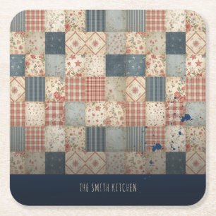 Personalised Vintage Patchwork Family Kitchen Square Paper Coaster