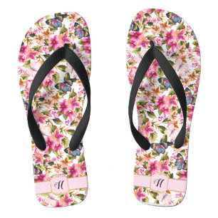 Personalised Vintage Pink Floral Pattern Monogram Thongs