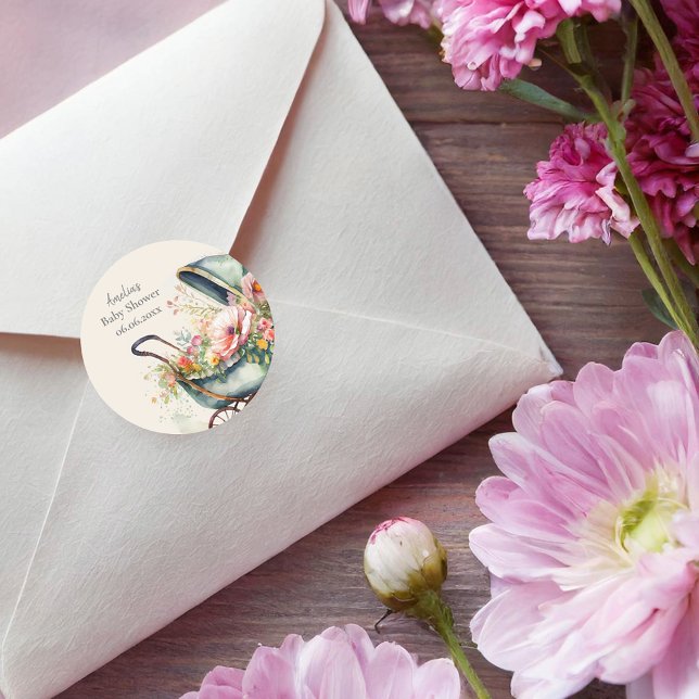Personalised Vintage Pram Baby Shower Classic Round Sticker (Creator Uploaded)