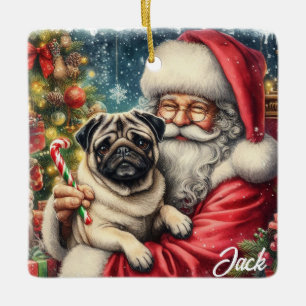 Personalised Vintage Pug with Santa Ceramic Ornament