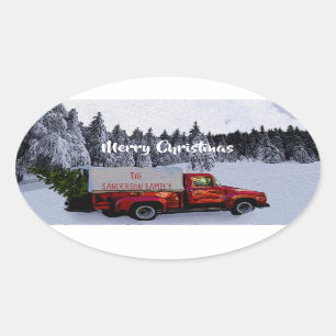 Personalised Vintage Red Truck in snow Christmas Oval Sticker