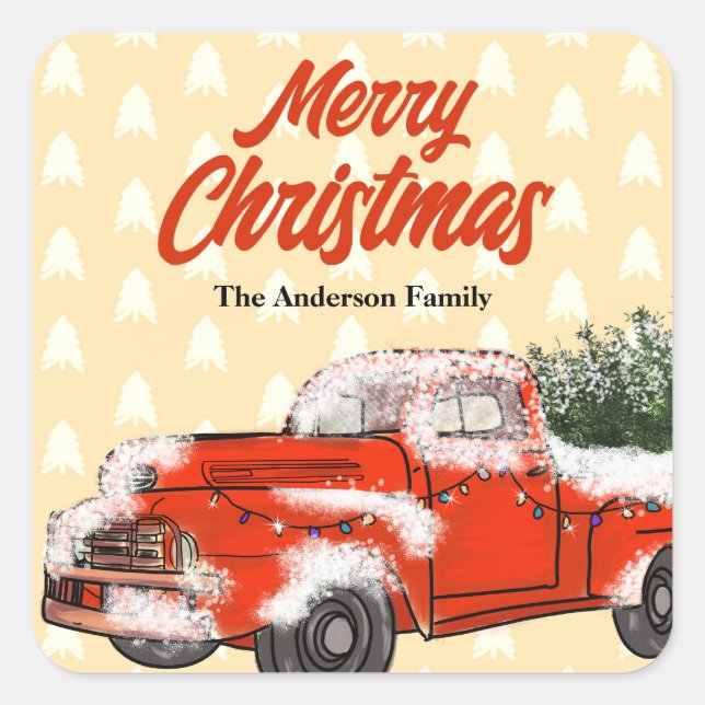 Personalised Vintage Red Truck Merry Christmas Square Sticker (Front)
