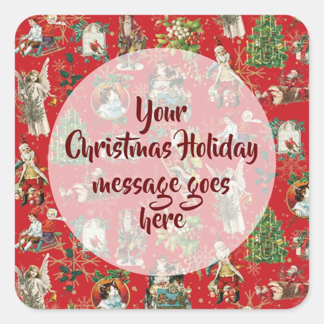 Personalised Vintage Retro Christmas Festive Red Square Sticker (Front)