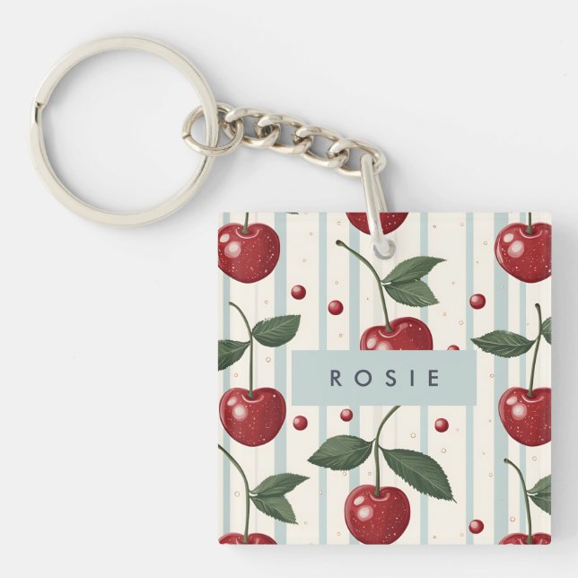 Personalised Vintage Retro Red Cherry Pattern Key Ring (Front)