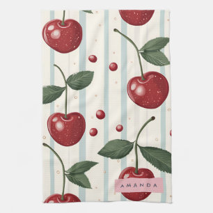 Personalised Vintage Retro Red Cherry Pattern Tea Towel