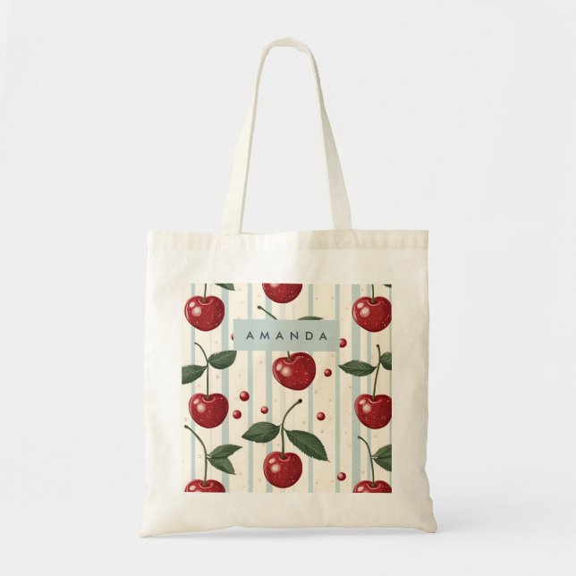 Personalised Vintage Retro Red Cherry Pattern Tote Bag (Front)
