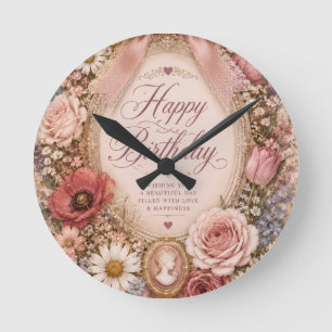 Personalised Vintage Romantic Birthday bow Floral Round Clock