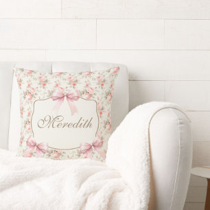 Personalised Vintage Roses Pink Bow Coquette Cushion