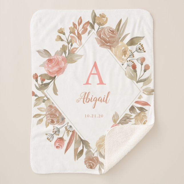 Personalised Vintage Roses Wreath Sherpa Blanket (Front)
