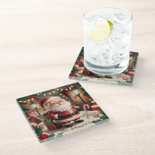 Personalised Vintage Santa Claus Retro Christmas Glass Coaster