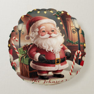 Personalised Vintage Santa Claus Retro Christmas Round Cushion