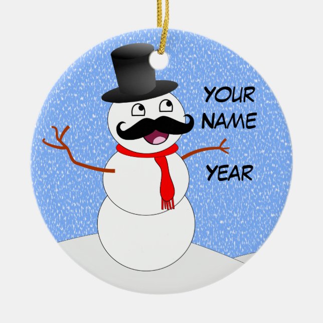 Personalised Vintage Snowman With Moustache Ceramic Ornament (Front)
