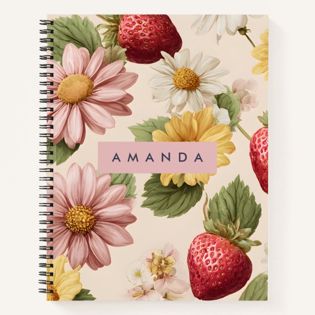 Personalised Vintage Strawberry & Flower Pattern Notebook (Front)
