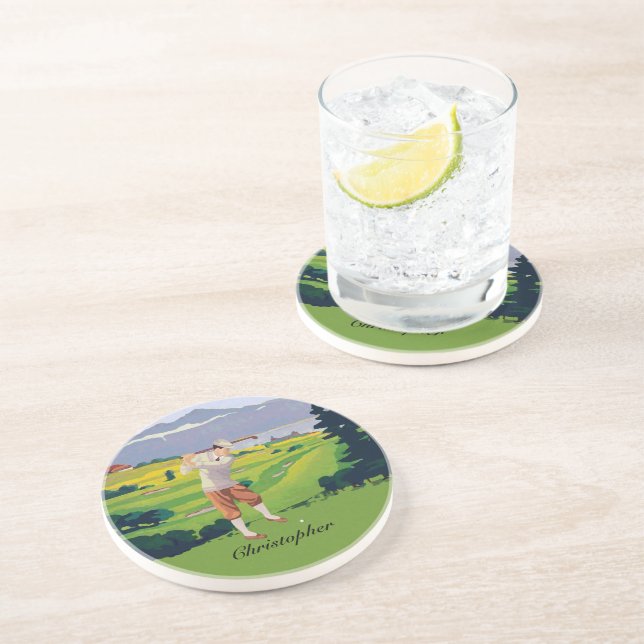 Personalised Vintage Style Highlands Golfing Scene Coaster (Side)