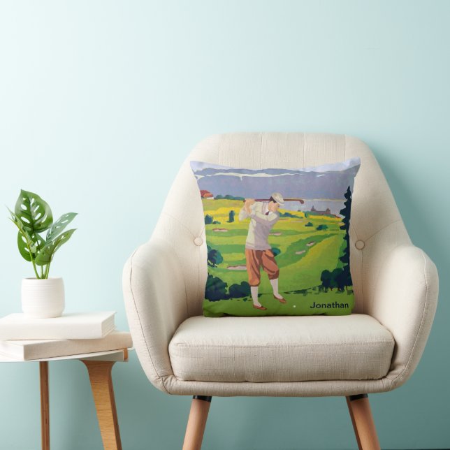 Personalised Vintage Style Highlands Golfing Scene Cushion (Chair)