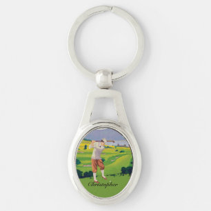 Personalised Vintage Style Highlands Golfing Scene Key Ring