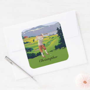 Personalised Vintage Style Highlands Golfing Scene Square Sticker