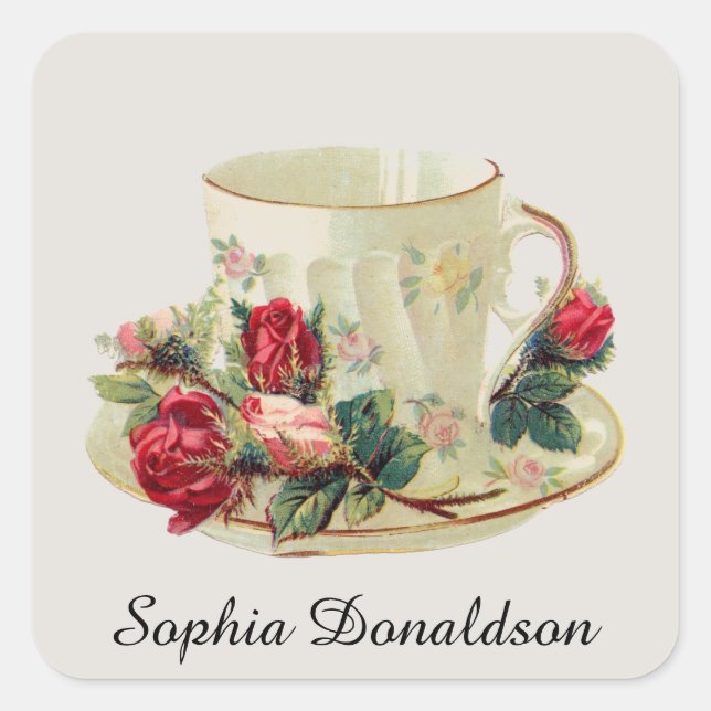 Personalised Vintage Teacup and Roses Sticker (Front)
