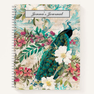 Personalised Vintage Teal Peacock and Pink Floral Notebook