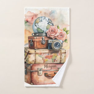 Personalised Vintage Travel Illustration Sports Hand Towel