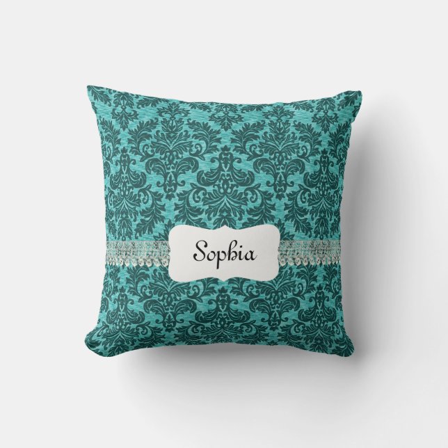 Personalised Vintage Turquoise Damask Cushion (Front)