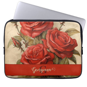 Personalised Vintage Watercolor Floral Red Roses Laptop Sleeve