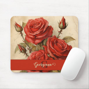 Personalised Vintage Watercolor Floral Red Roses Mouse Pad