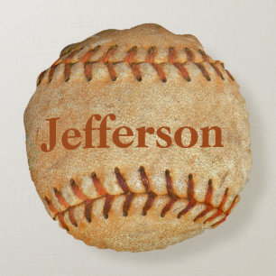 Personalised Vintage White Baseball red stitching Round Cushion