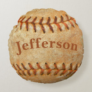 Personalised Vintage White Baseball red stitching Round Cushion