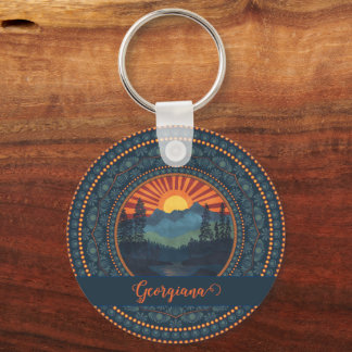 Personalised Vintage Wilderness Sunset Dot Mandala Key Ring