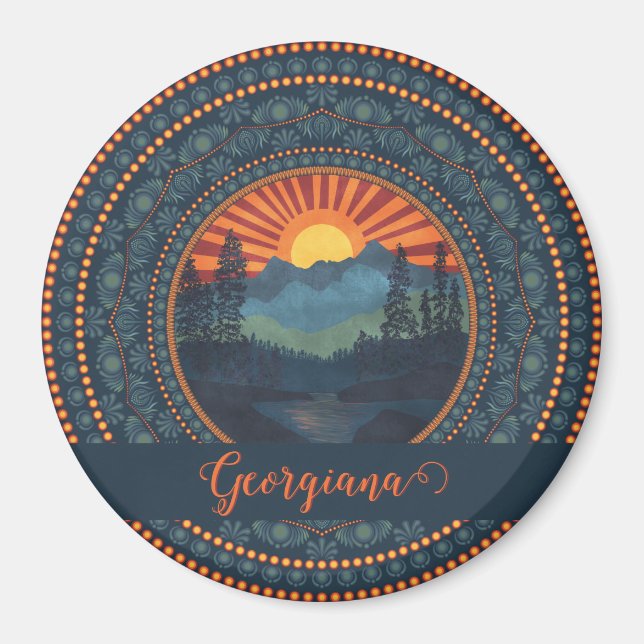 Personalised Vintage Wilderness Sunset Dot Mandala Magnet (Front)